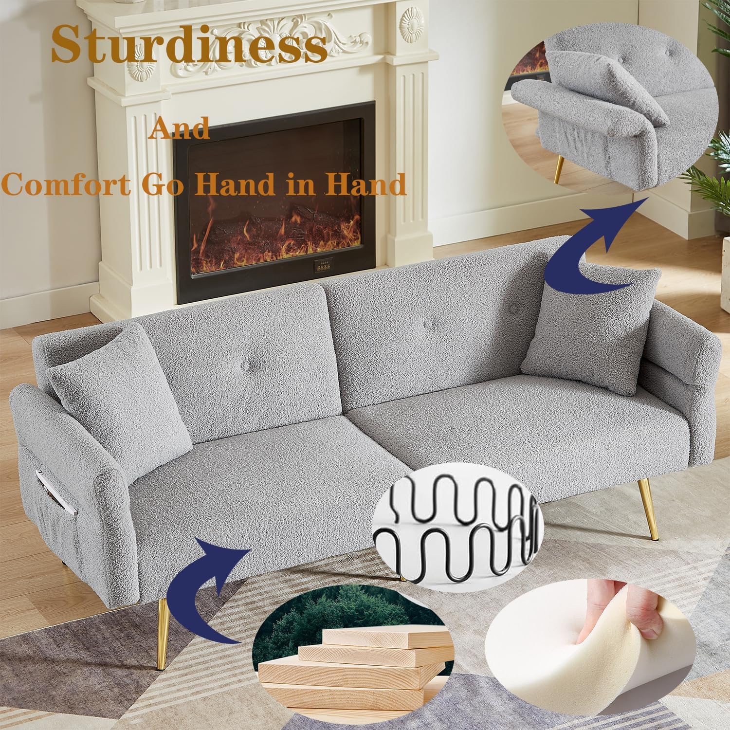 69.5' Grey Convertible Futon Sofa Bed with Adjustable Backrest and Armrests, Teddy Upholstered Loveseat Sleeper Couch with 2 Pillows and Metal Legs Love Seat for Guest Room Living Room (Grey)