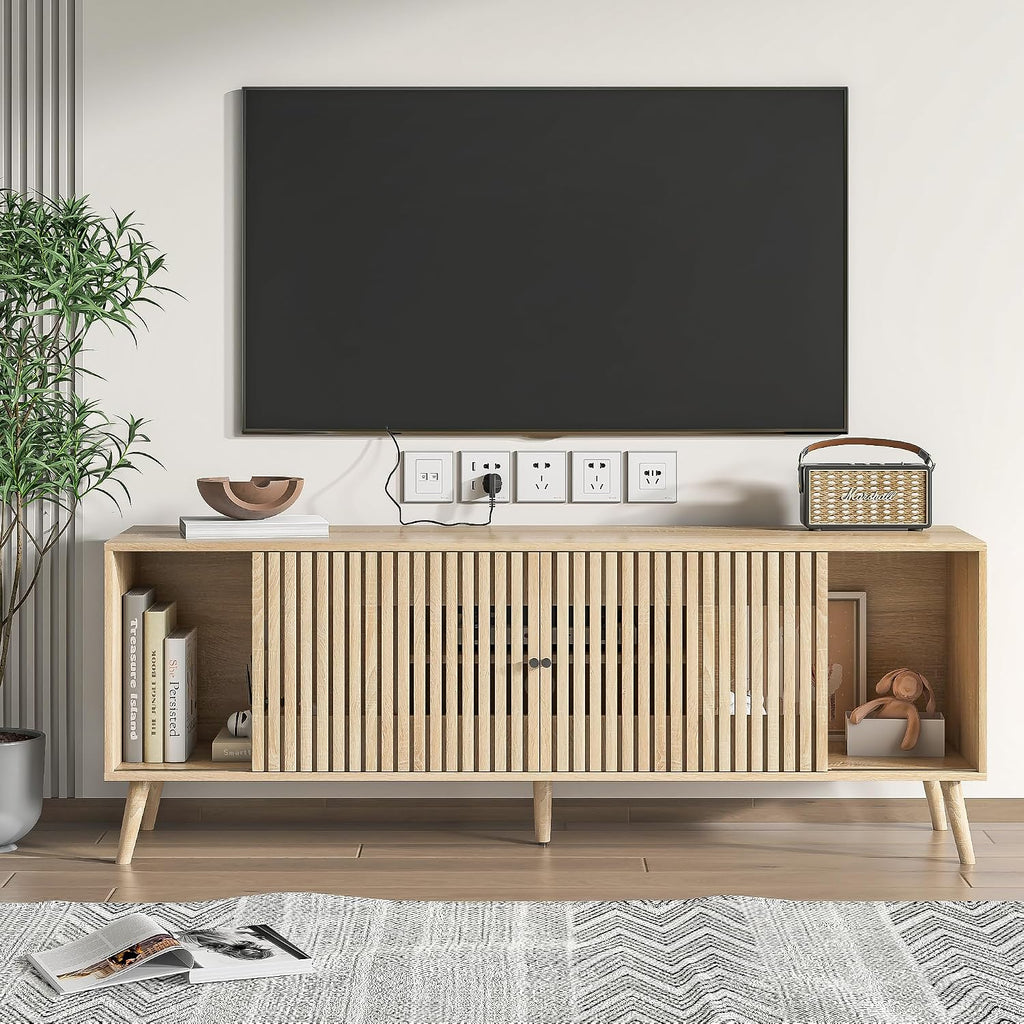 Oubayajia Mid Century Modern TV Stand for Televisions up to 70 Inches, with Sliding Doors and Storage, Television Stands, TV Consoles, Media Consoles for Living Room, 63 Inch (Natural)
