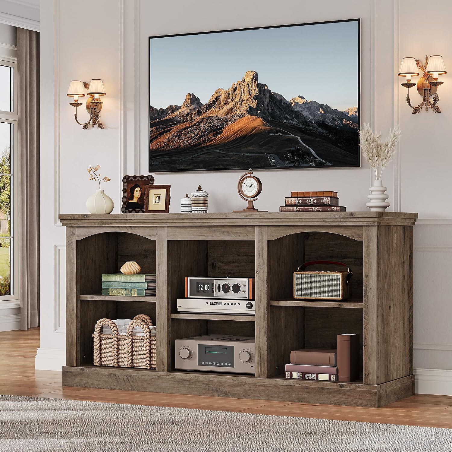 YITAHOME Farmhouse TV Stand for 65 Inch TV, Entertainment Center with Adjustable Shelf, Large TV Console Table for Living Room (Washed Grey)