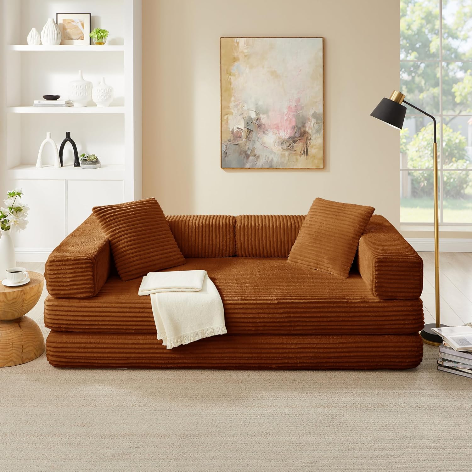 81'' Futon Sofa Bed, Folding Floor Couch Bed, Corduroy Fabric Boneless Couch, Compressed Boneless Sofa in a Box, Comfy Sleeper for Living Room-Orange