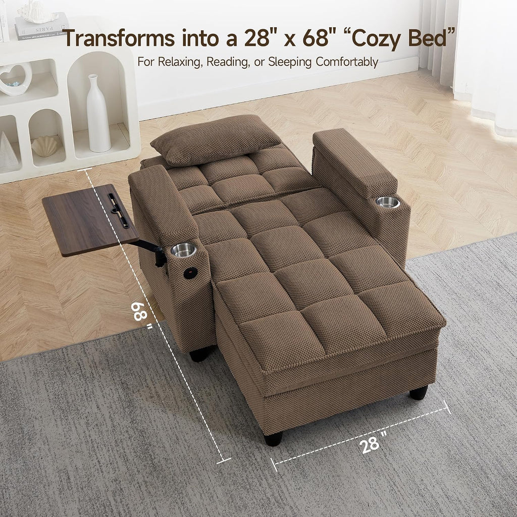 41.7' Oversized Chaise Lounge Chair Indoor, Boucle Upholstered Sofa Bed with Adjustable Backrest, Deep Seat Reading Chair, Sofas Couches for Living Room, Storage, Cup Holders & 360° Swivel Side Table