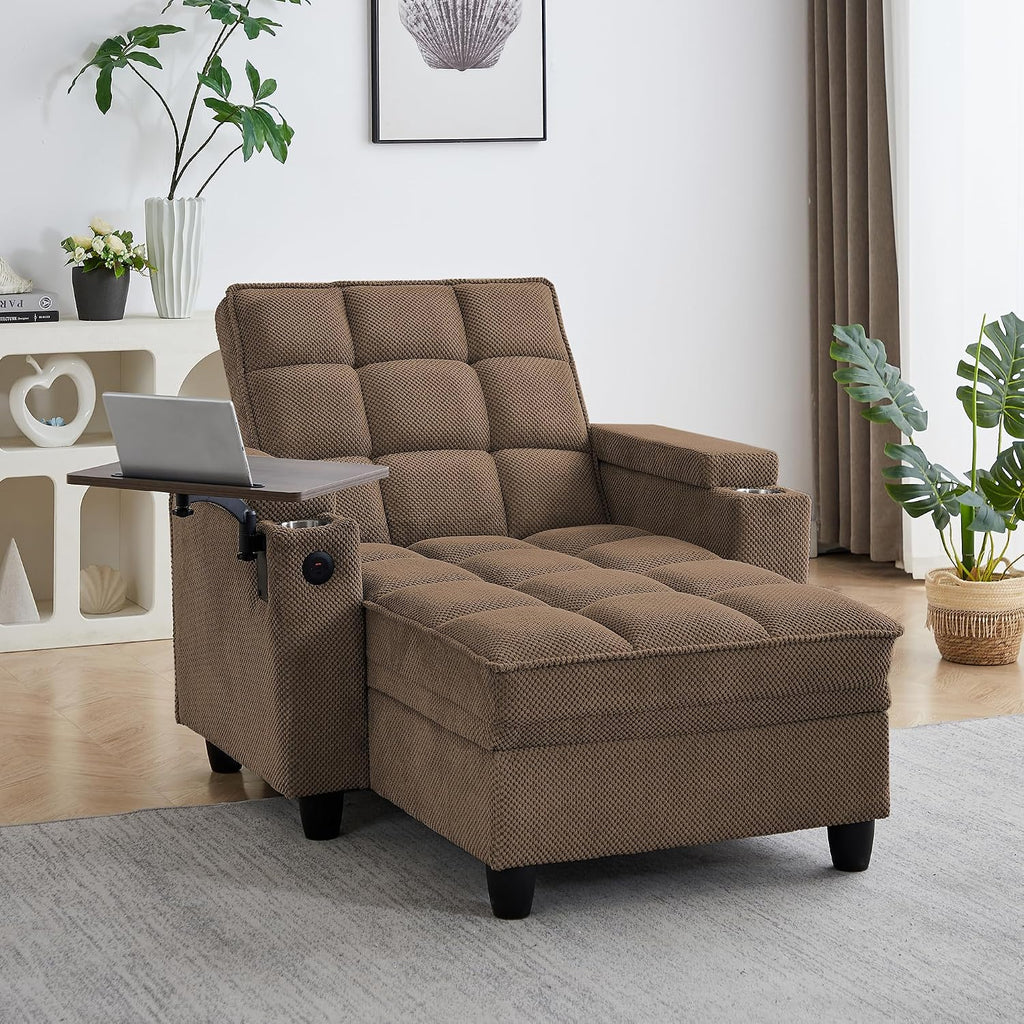 41.7' Oversized Chaise Lounge Chair Indoor, Boucle Upholstered Sofa Bed with Adjustable Backrest, Deep Seat Reading Chair, Sofas Couches for Living Room, Storage, Cup Holders & 360° Swivel Side Table