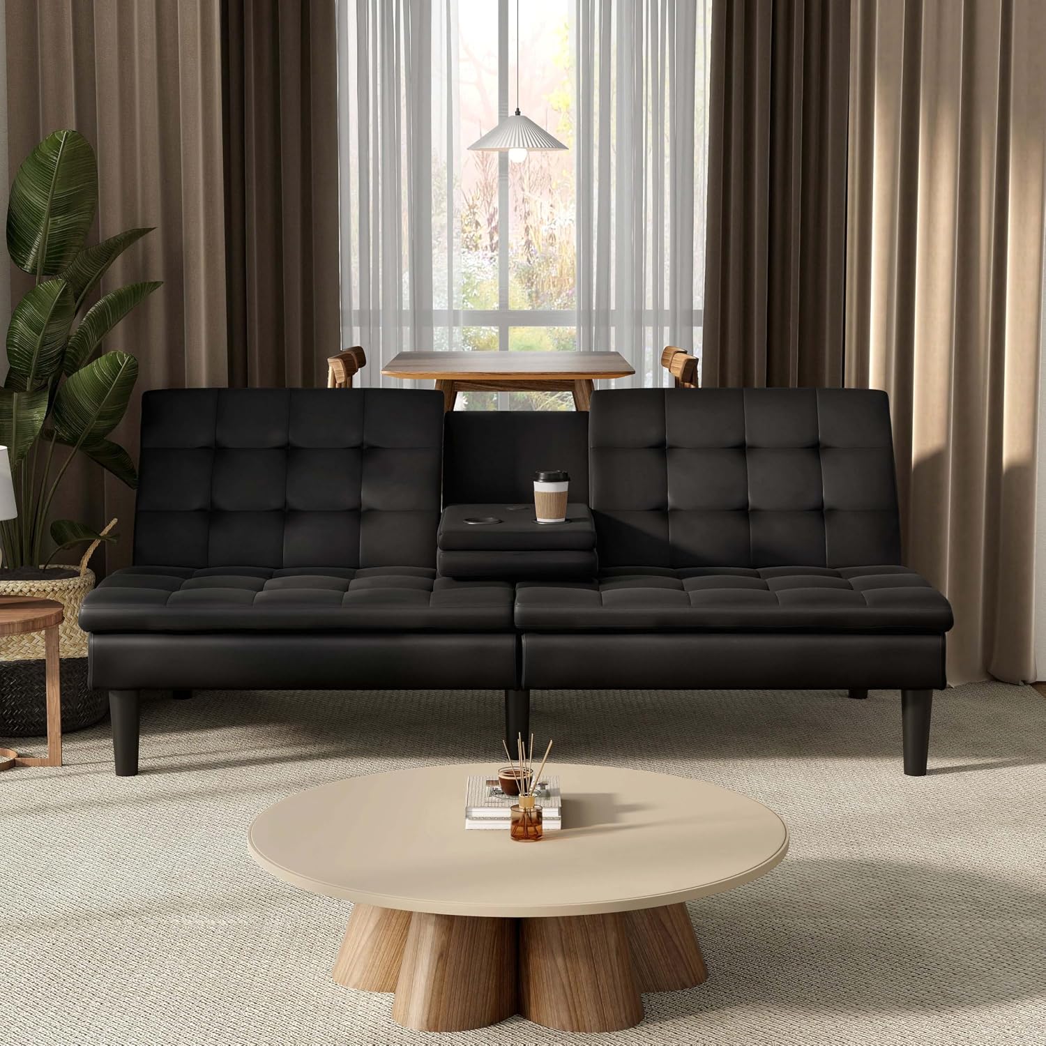 Furniture of America Fallein Modern Contemporary Wood 71.5-inch Futon Sofa Bed with Drop-Down Table, Cup Holders, USB-A Charger, Biscuit Tufting for Bedroom, Guest Room, Black