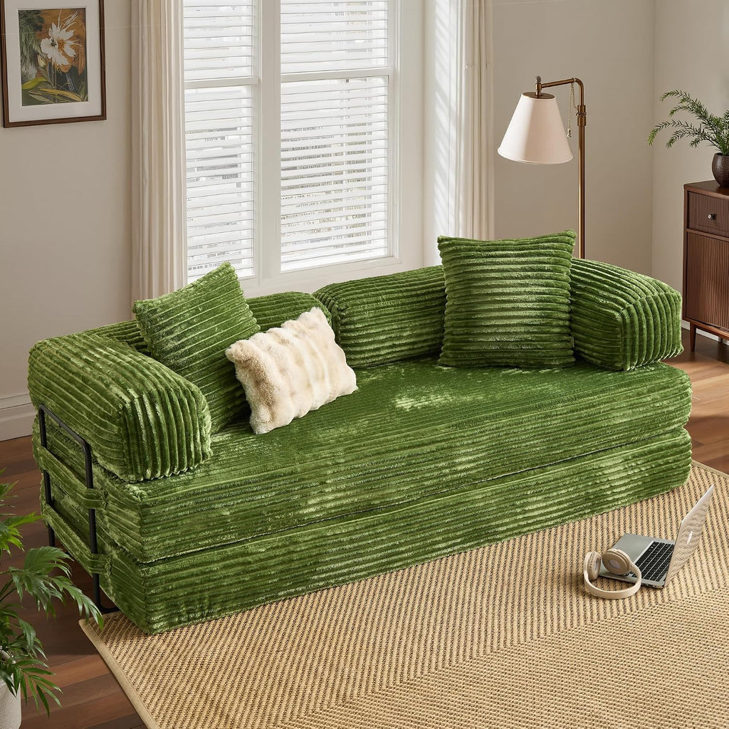 ovios 81' Folding Sofa Bed, Foldable Sleeper Boneless Couch with Pull Out Beds, Modular Convertible Floor Futon Loveseat Lounger for Living Room (Faux Fur, Green)