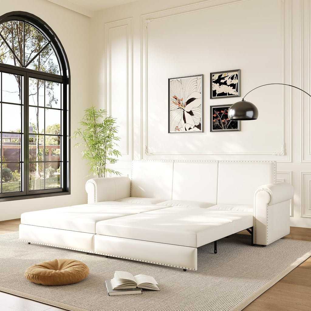 93.7' King Pull Out Sofa Bed, Faux Leather Sleeper Sofa Couch, 3 in 1 Convertible Futon Couches for Living Room, Small Space, Apartment, Office, Bedroom, Modern Rivet Armrest, Cream White