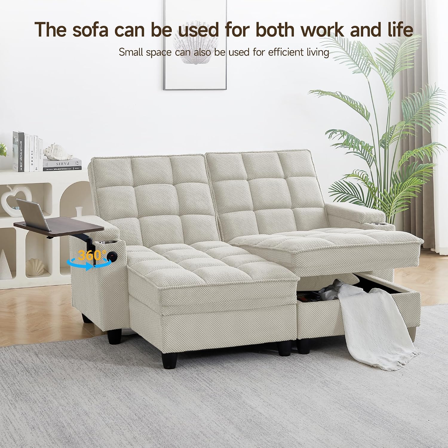 70.9' Chaise Lounge Chair Indoor, Oversized Boucle Upholstered Sofa Bed, Adjustable Backrest Deep Seat Reading Chair, Sofas Couches for Living Room with Storage, Cup Holders and 360° Swivel Side Table