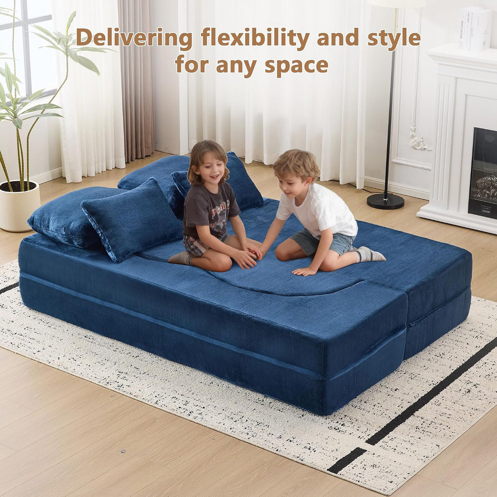 2-in-1 Folding Sofa Bed with Pillow, No Assembly Futon Twin Size Sofa Bed, Breathable Velvet Convertible Couch Bed for Living Room and Guest Room, 78.7 Inch, Blue