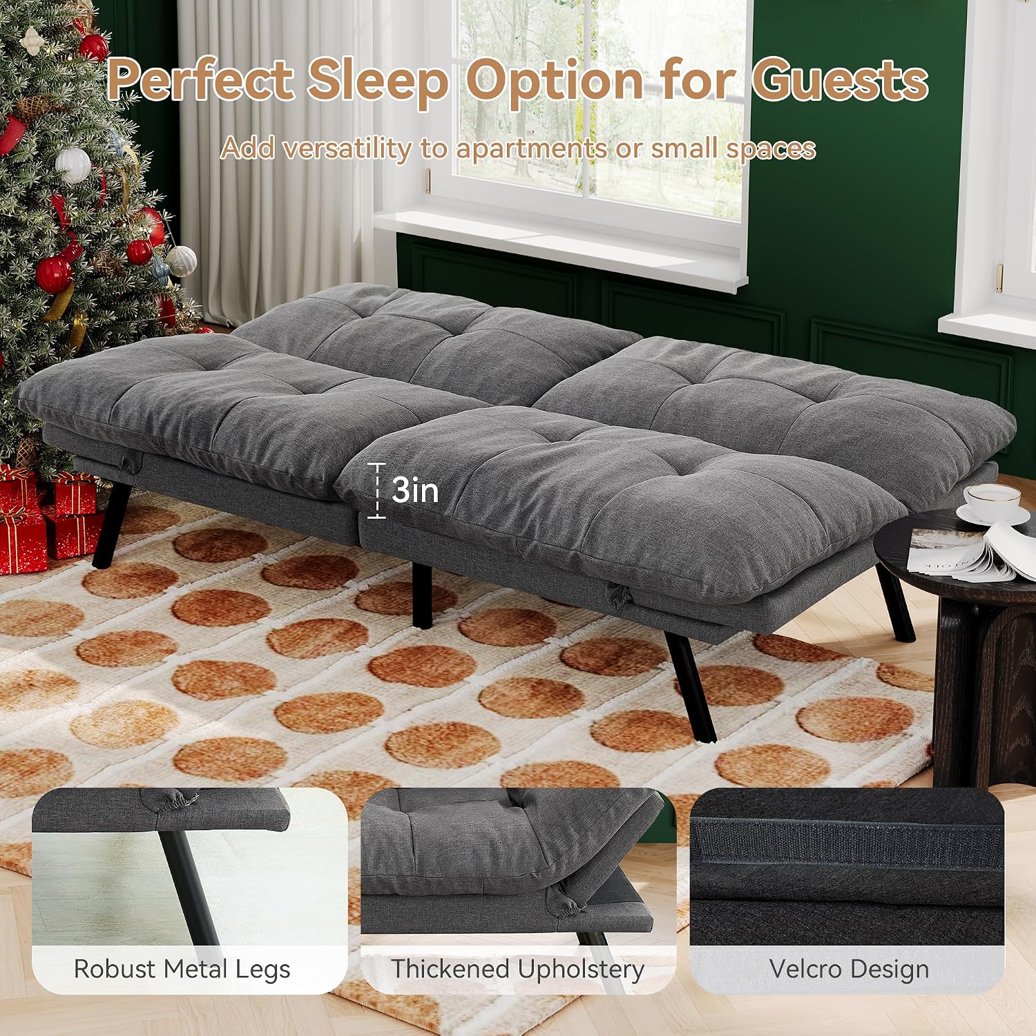 Convertible Futon Sofa Bed,71' Modern Fabric Futon Couch with Adjustable Backrest&Armrest,Small Loveseat Sleeper Sofa,Dorm Futonsofa for Apartment,Living Room,Detachable Cushions,Fog Grey