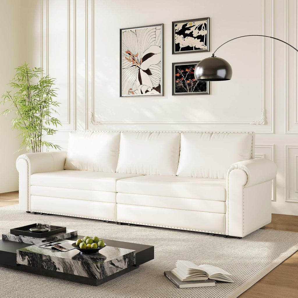 93.7' King Pull Out Sofa Bed, Faux Leather Sleeper Sofa Couch, 3 in 1 Convertible Futon Couches for Living Room, Small Space, Apartment, Office, Bedroom, Modern Rivet Armrest, Cream White