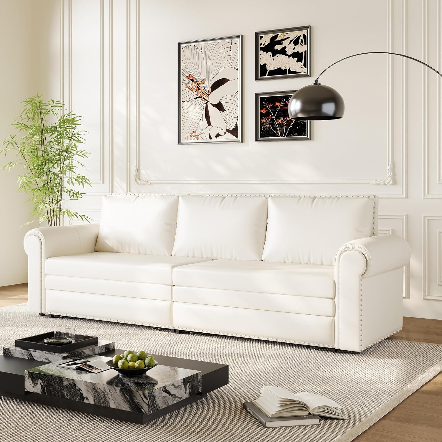 93.7' King Pull Out Sofa Bed, Faux Leather Sleeper Sofa Couch, 3 in 1 Convertible Futon Couches for Living Room, Small Space, Apartment, Office, Bedroom, Modern Rivet Armrest, Cream White