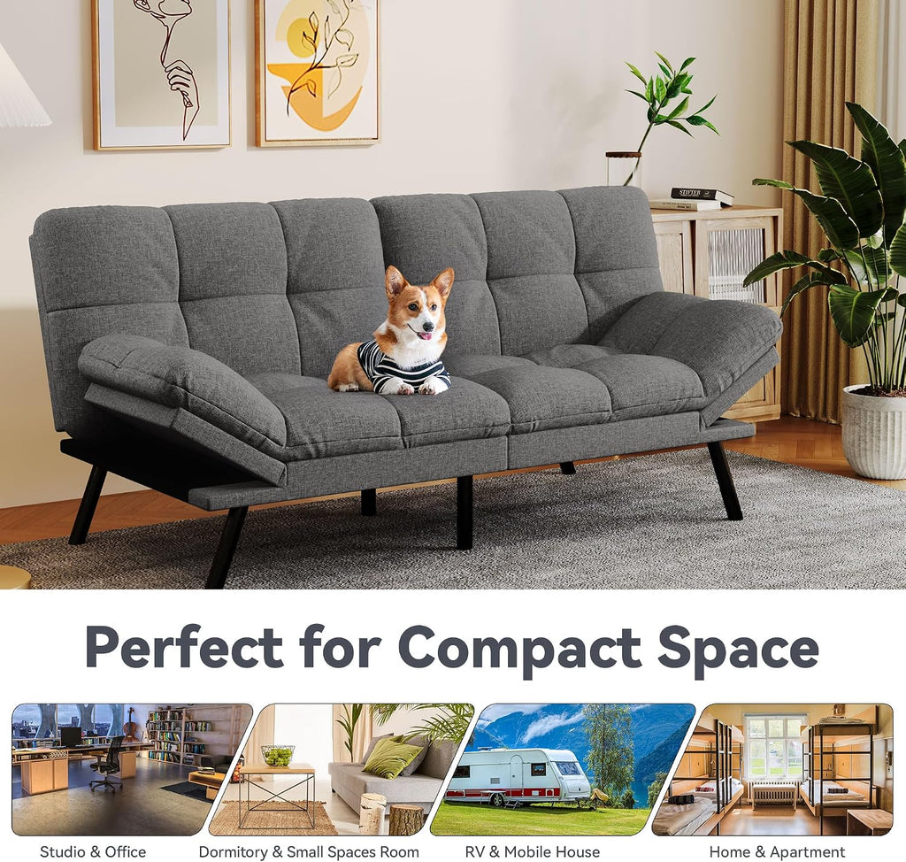Convertible Futon Sofa Bed,Linen Futon Couch with Detachable Cushion,Adjustable Backrest & Armrest,Modern Small Loveseat Sleeper Recliner for Living Room,Office,Apartment,Grey