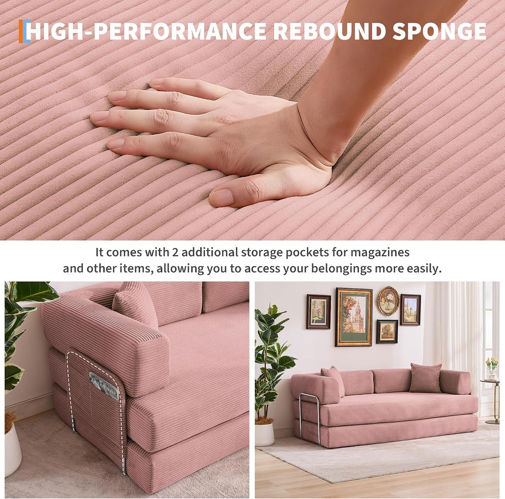 Garvee 5-in-1 Convertible Sofa Bed, 78.8' Modular Corduroy Sleeper with Sturdy Frame & No Assembly, Multi-Functional Futon for Small Space, Living Room & Guest Room (Pink)