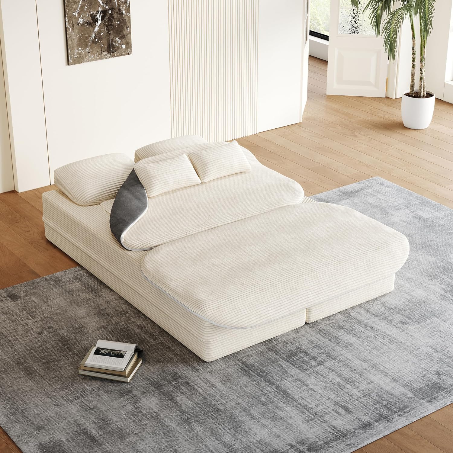 Convertible Folding Futon Sofa Bed, 2-in-1 Corduroy Love seat Sleeper Sofa with Functional Blanket, Foldable Full Size Guest Couch Bed with 4 Soft Pillows for Living Room (Beige)