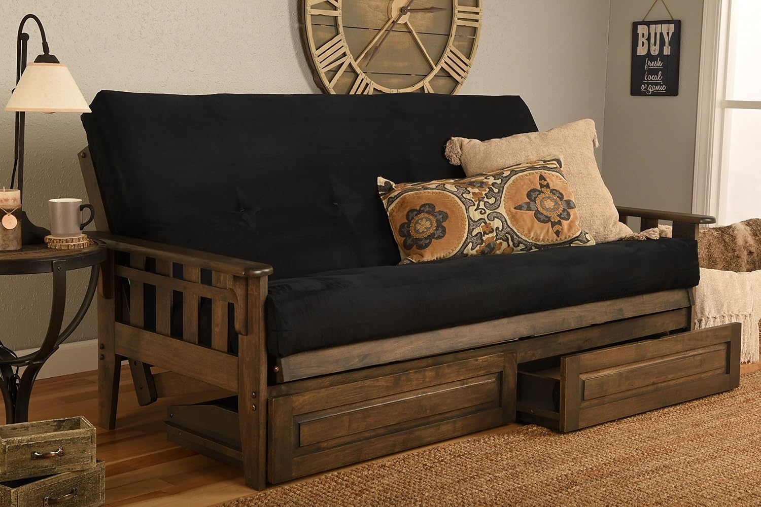 FutonX Rustic Walnut Frame and Mattress Set with Choice to add Drawers, 8 Inch Innerspring Futon Sofa Bed Full Size Wood (Black Matt, Frame and Drawers)
