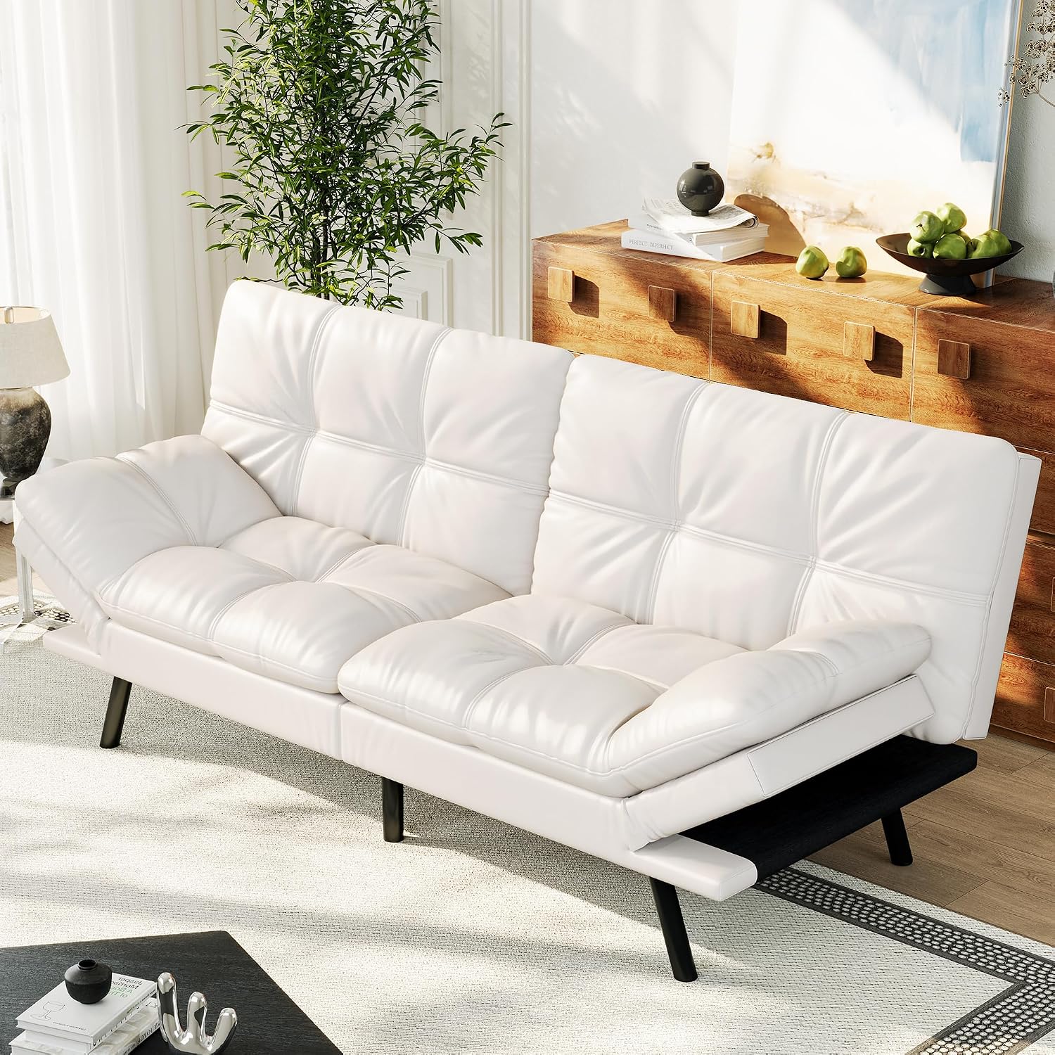 Convertible Faux Leather Sofa Couch,Memory Foam Futon Couch Bed,Small Splitback Modern Loveseat Sleeper Sofa Bed for Living Room, Office, Apartment, Pear White