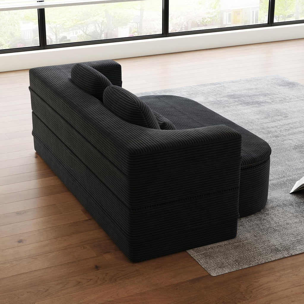Convertible Folding Futon Sofa Bed, 2-in-1 Corduroy Love seat Sleeper Sofa with Functional Blanket, Foldable Full Size Guest Couch Bed with 4 Soft Pillows for Living Room (Black)