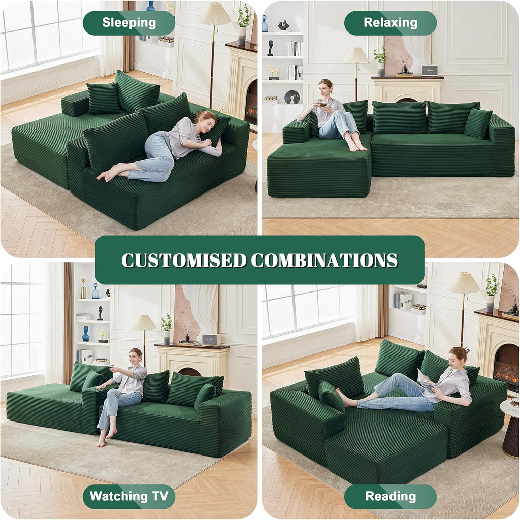 Mangodan 110' Cloud Sectional Couch, Modular Sectional Sofa for Living Room, Boneless Sofa with Deep Seat, Comfy Fluffy Couch with L-Shaped Chaise, No Assembly Required (Left-Facing Chaise, Green)