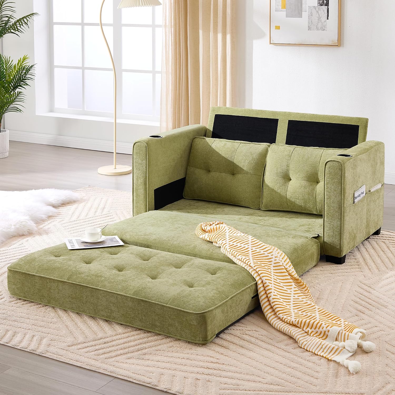 Convertible Sofa Bed, Pull Out Loveseat Sleeper Couch,Linen Fabric 2 in 1 Folding Couch Bed, Fold Out Floor Futon Couches with Cup Holder for Living Room, Bedroom,Small Space, Green