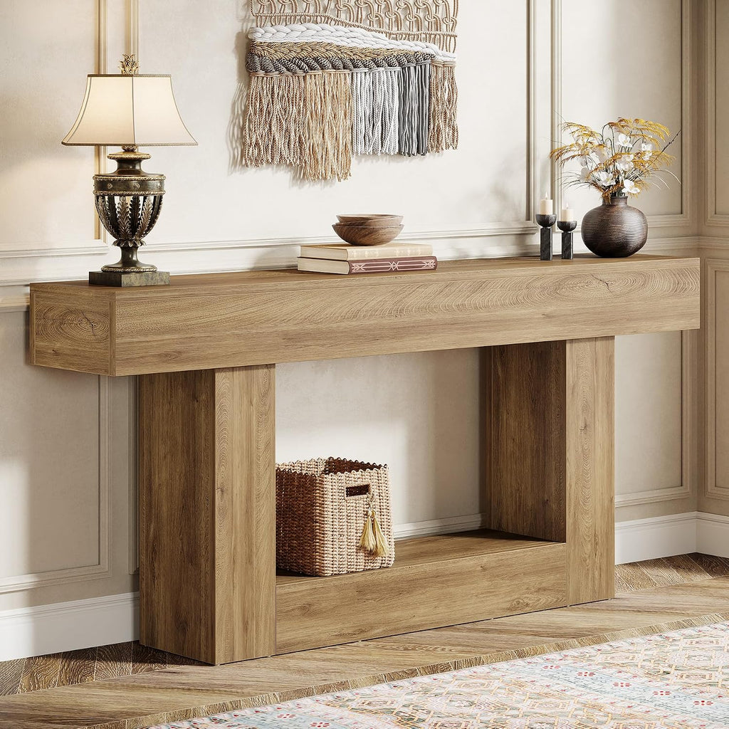 Tribesigns 63' Console Table, Farmhouse 2-Tier Entryway Table with U-Shaped Base, Narrow Long Wood Sofa Table Behind Couch Table for Living Room, Hallway, Foyer, Light Brown