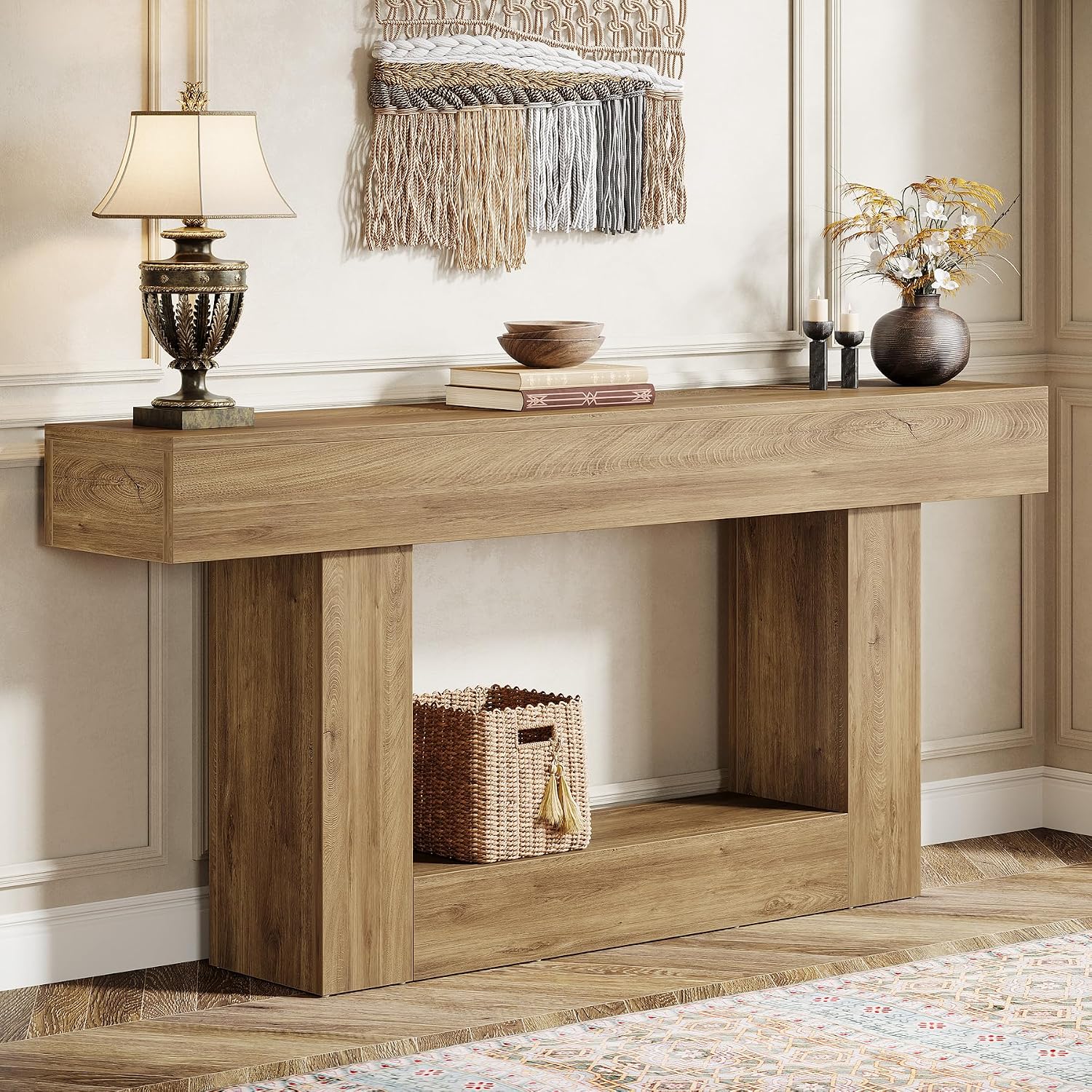 Tribesigns 63' Console Table, Farmhouse 2-Tier Entryway Table with U-Shaped Base, Narrow Long Wood Sofa Table Behind Couch Table for Living Room, Hallway, Foyer, Light Brown