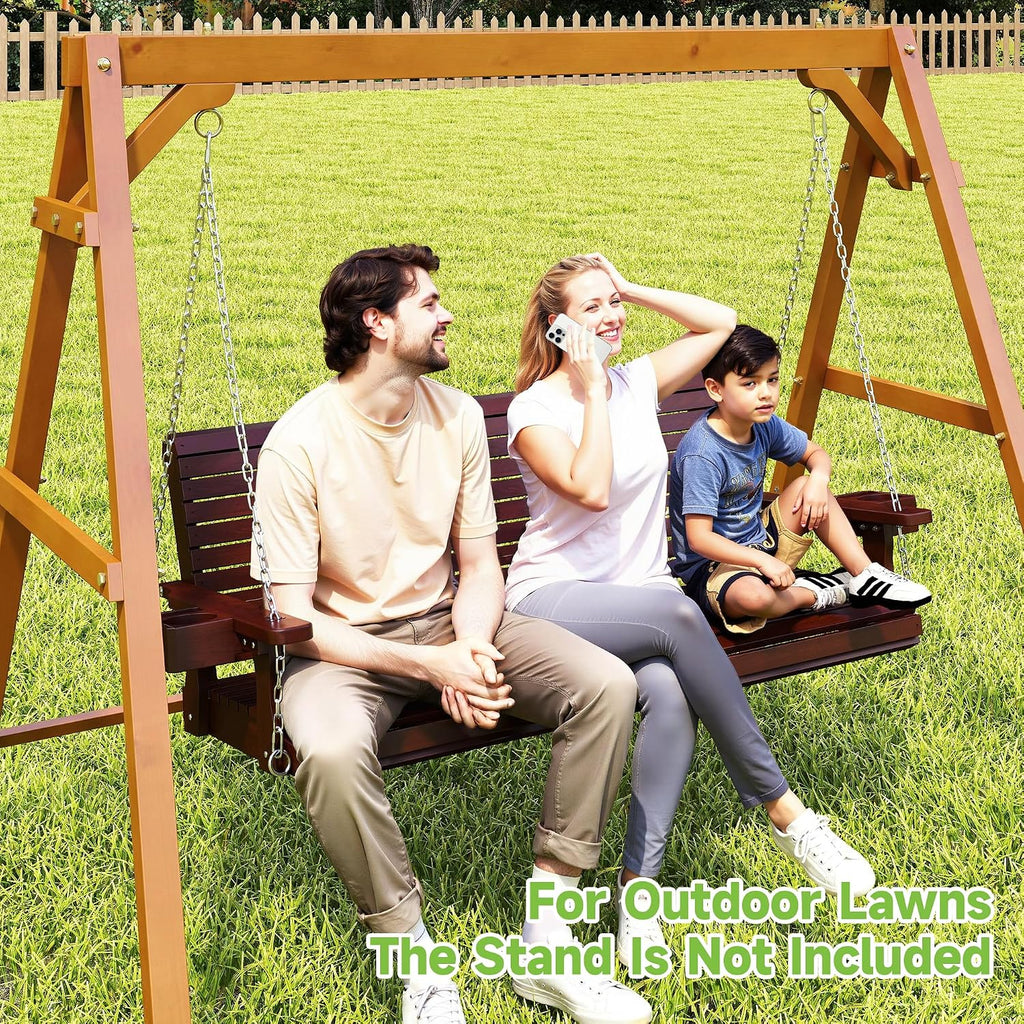 Real Relax Front Porch Swing, Wooden 3 Person Outdoor Hanging Patio Swing Chair with Cup Holders, Upgraded 22' Deep Seat Bench, Heavy Duty 880 Lbs for Courtyard, Garden, Backyard 5 Ft (Brown)