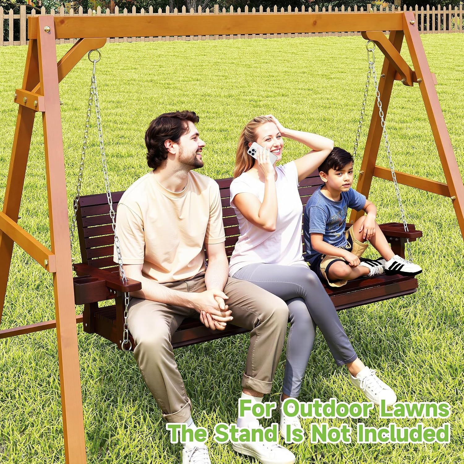 Real Relax Front Porch Swing, Wooden 3 Person Outdoor Hanging Patio Swing Chair with Cup Holders, Upgraded 22' Deep Seat Bench, Heavy Duty 880 Lbs for Courtyard, Garden, Backyard 5 Ft (Brown)