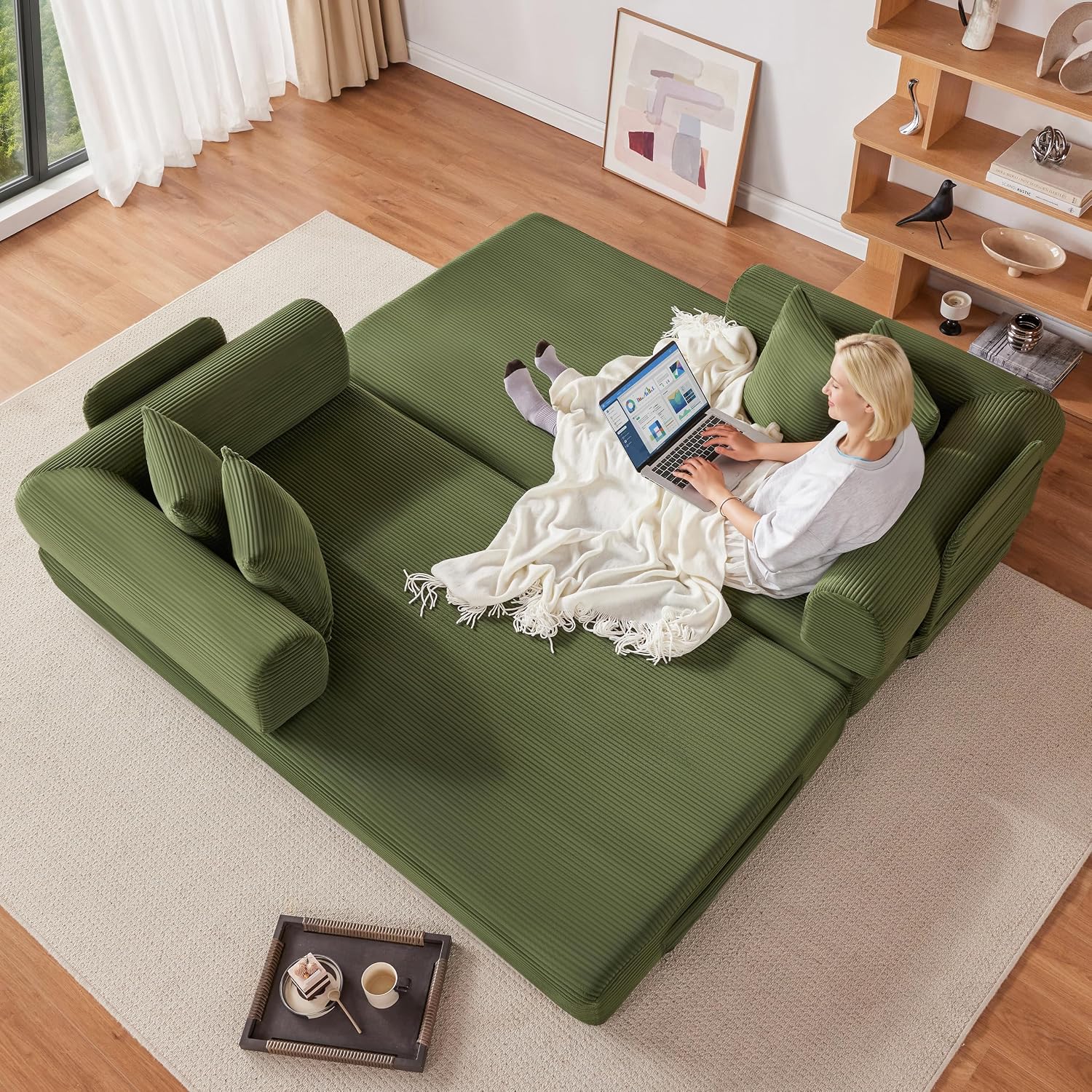 78 Inch Corduroy Convertible Sleeper Sofa Bed, 4-in-1 Oversized Futon Boneless Couches for Living Room with Fixed-Shape Frame, Loveseat Sleeper with Pull Out Bed, No Assembly, Olive Green