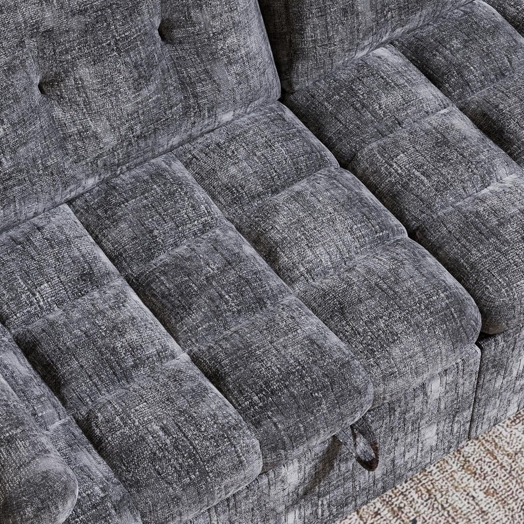 Convertible Sleeper Sofa Bed, 86 Inch Chenille Pull Out Couch with Side Table & Adjustable Backrest, Sectional Sleeper Sofa with Pull Out Bed for Living Room, Apartment, Gray