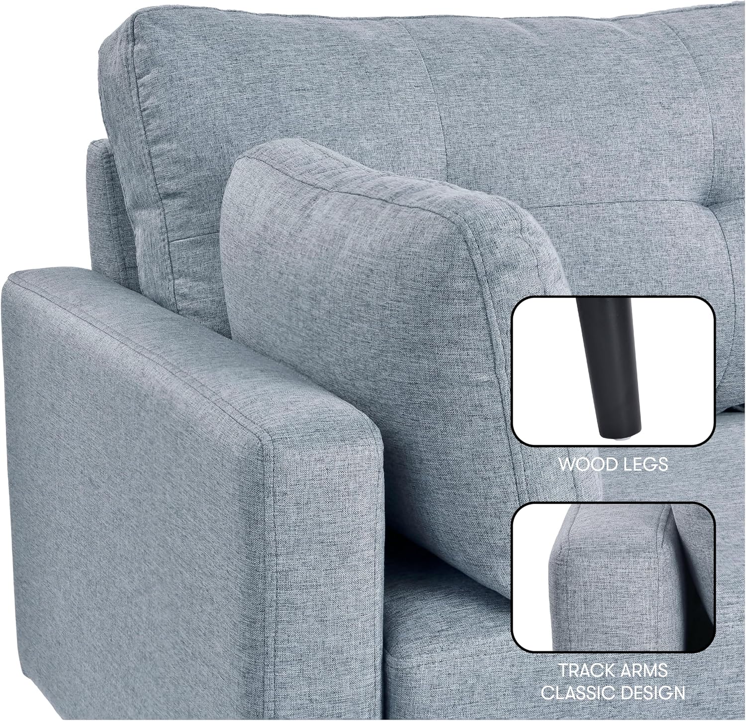 Serta Benrama 67' Soft Modern Sofa, Square Track Arms, Solid Wood Legs, Easy Assembly, Dream Coil Comfort, Soft Woven Polyester Fabric, Light Gray