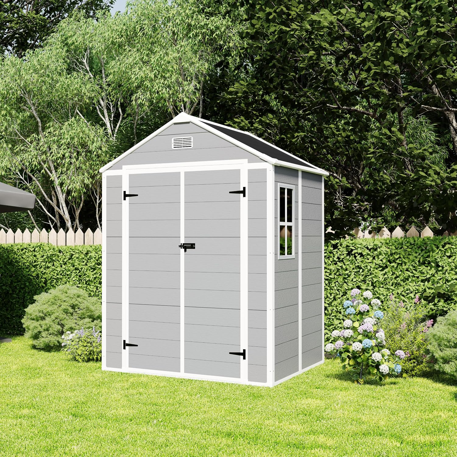 6x5 FT Outdoor Storage Shed, Plastic Garden Shed with Floor, Resin Storage Shed with Window, Waterproof Outside Tool Shed with Lockable Hinged Doors & Air Vents for Backyard, Patio, Lawn, Gray